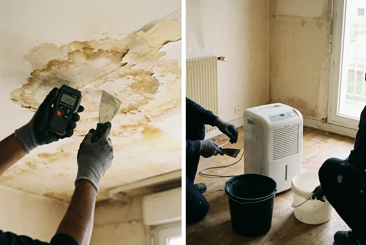Auréole d'humidité au plafond causée par un dégât des eaux dans un logement d'Épinay-sur-Orge