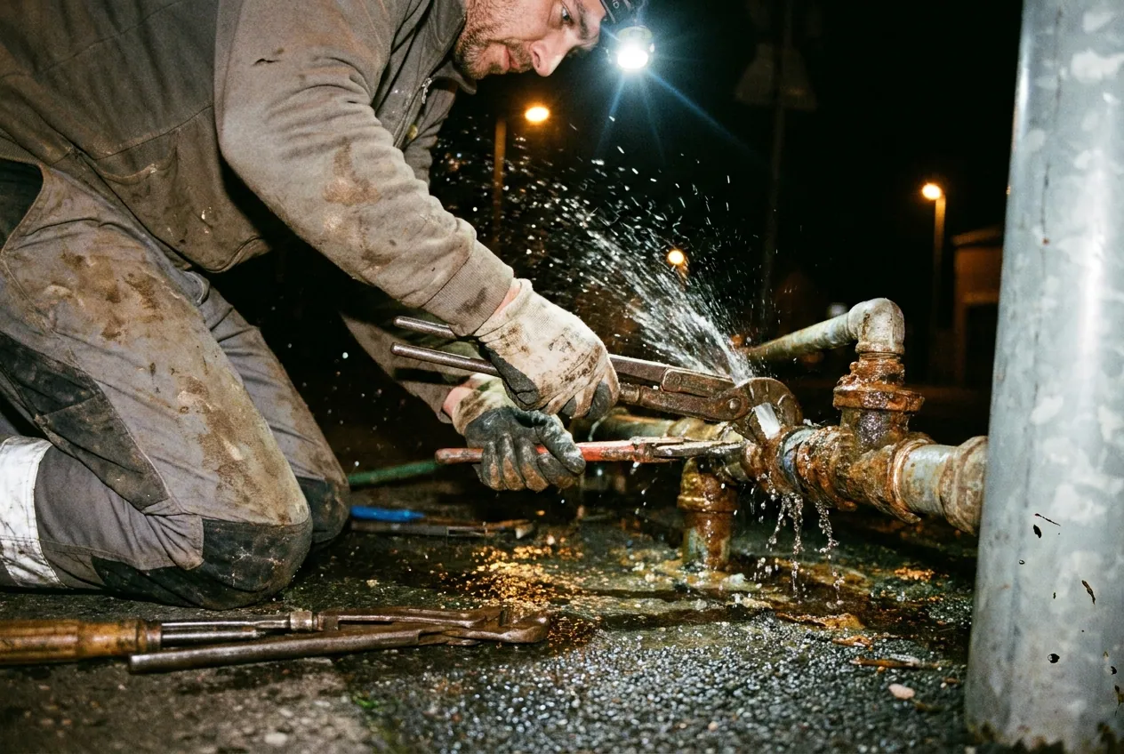 Plombier intervenant de nuit pour couper une fuite d'eau à Épinay-sur-Orge